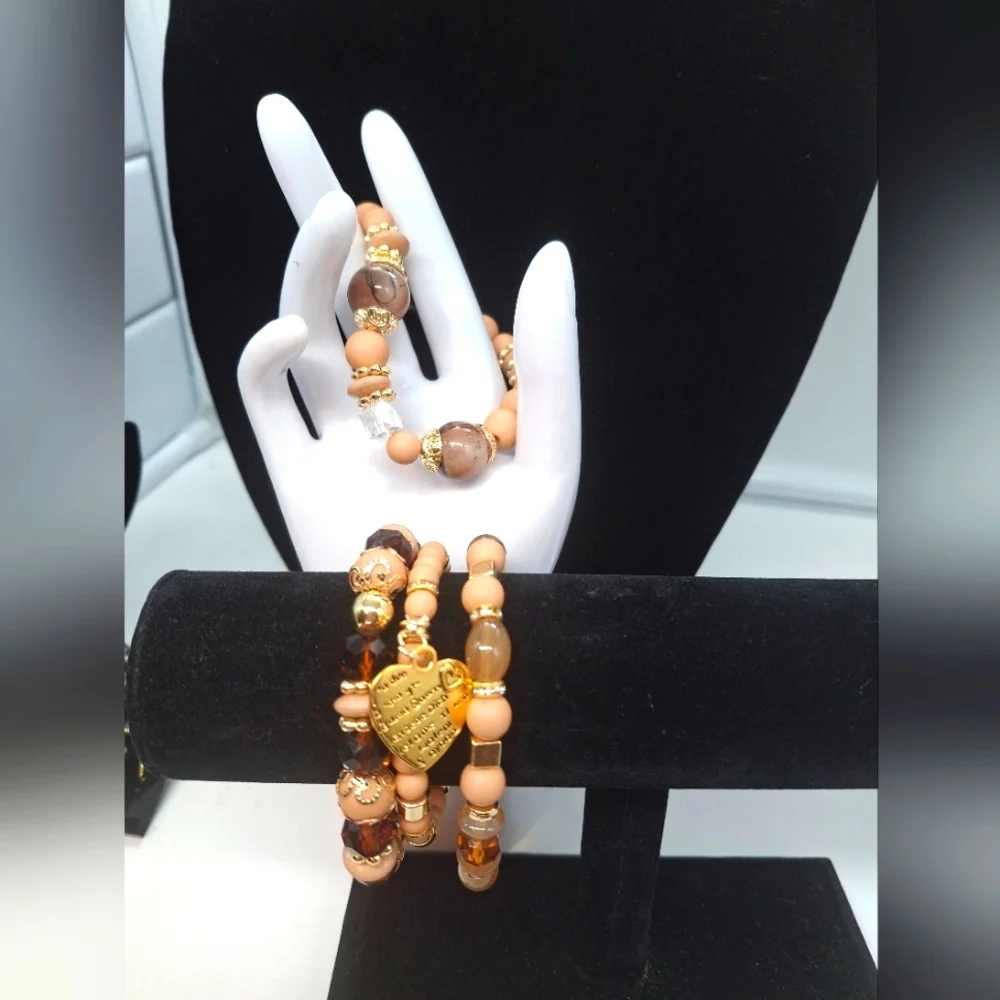 Boho Brown and Peach Color Beaded Bracelet 4 Pc Set with Gold Accents - Picture 1 of 2